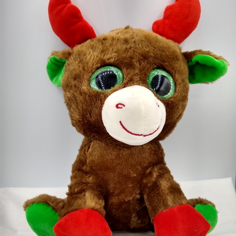 KellyToy Big Glitter Eyed Christmas Reindeer 12"Plush Brown Red/Green Holiday